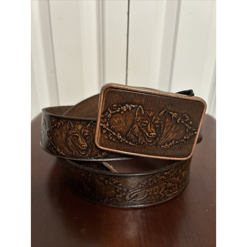 New Ariel Canada Hand tooled Wolf Leather Belt Deer Canoe Hunting Western 44